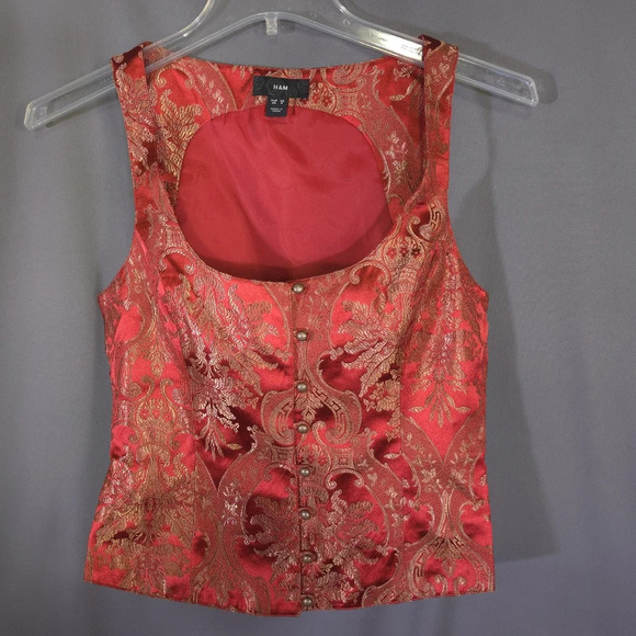 H&M Damask Vest Button Down Red Gold Women Size 8 Victorian WhimsiGoth Steampunk - Picture 1 of 8